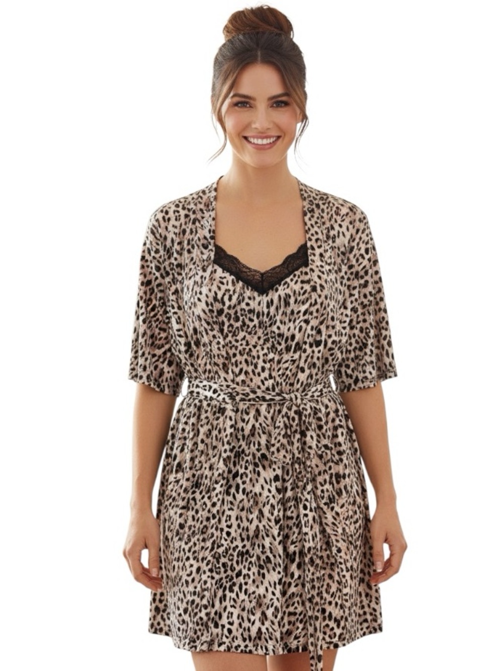 René Rofé 2-Piece Robe/ Chemise Leopard Print w Black Lace Trim Sleep Set Large